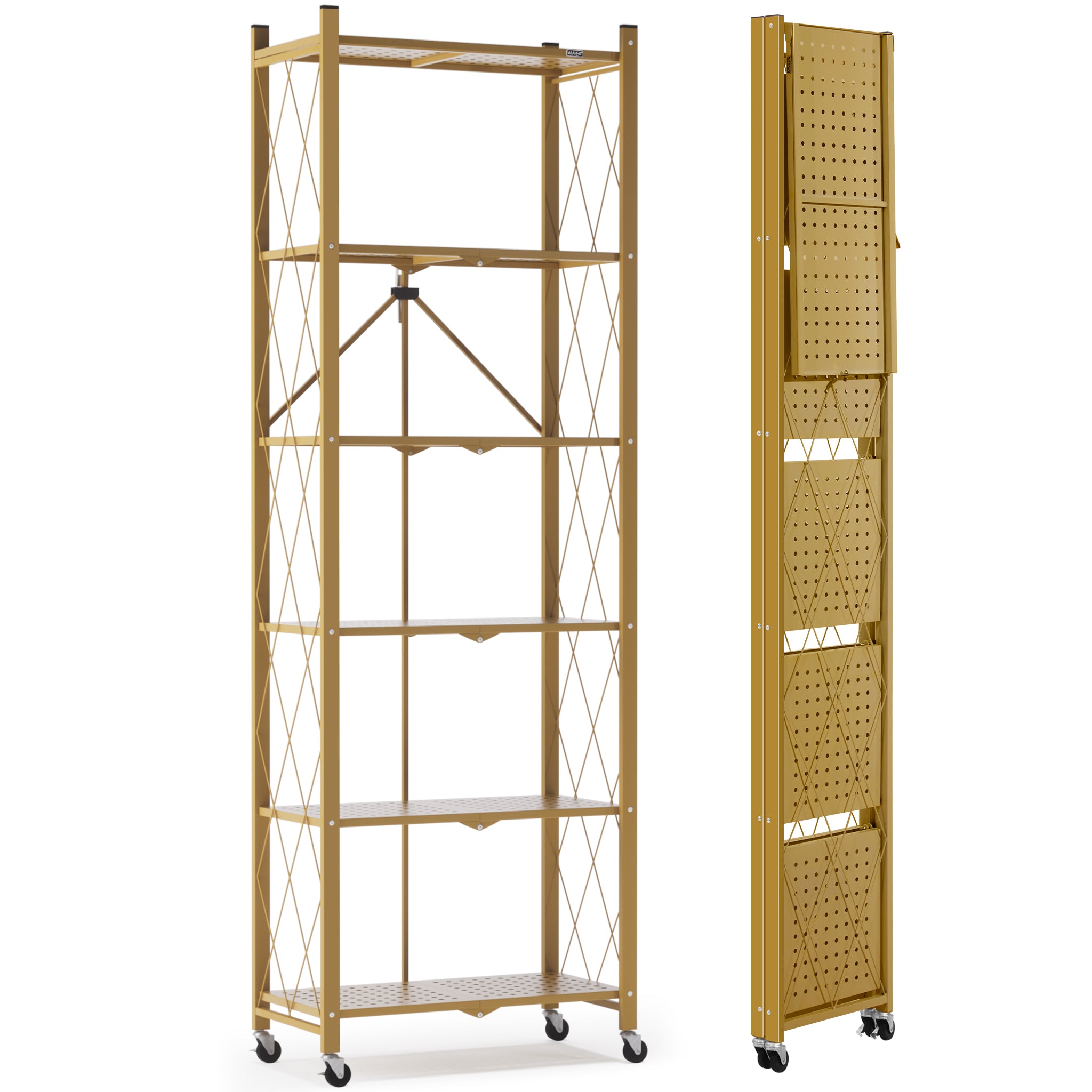 DEANIC 6-Tier Slim Folding Bookshelf on Wheels — 73.6" Tall, No Assembly