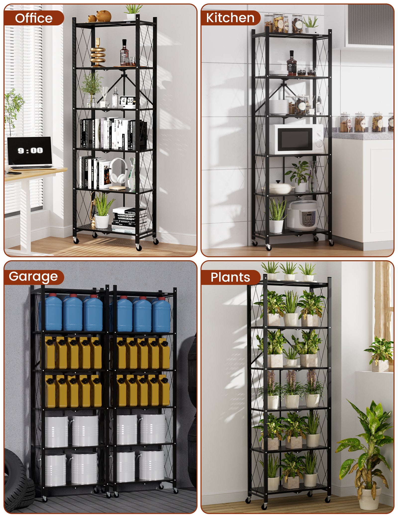DEANIC 6-Tier Slim Folding Bookshelf on Wheels — 73.6" Tall, No Assembly
