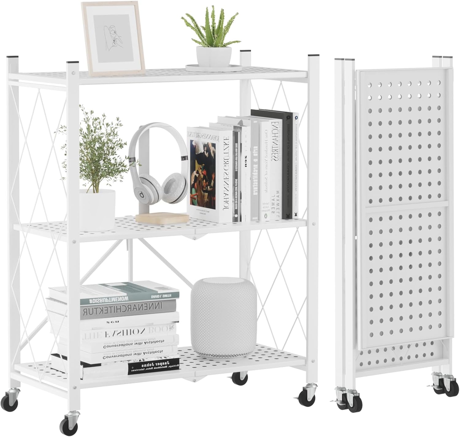 DEANIC 3-Tier Foldable Storage Shelves with Wheels — Kitchen Appliance Stand & Rolling Cart