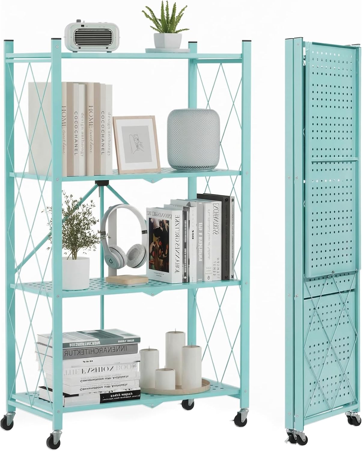 DEANIC 4-Tier Foldable Storage Shelves with Wheels — No Assembly Opens in 5 Seconds