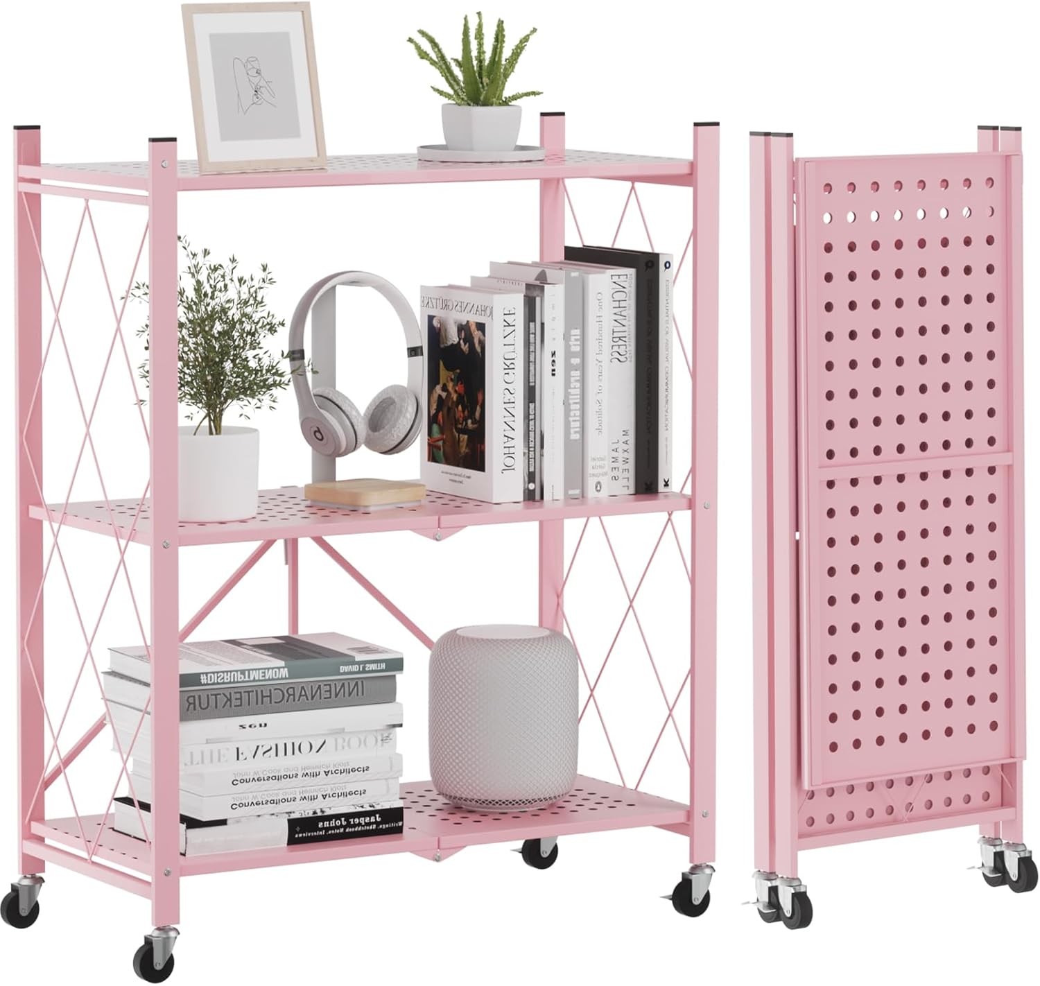 DEANIC 3-Tier Foldable Storage Shelves with Wheels — Kitchen Appliance Stand & Rolling Cart