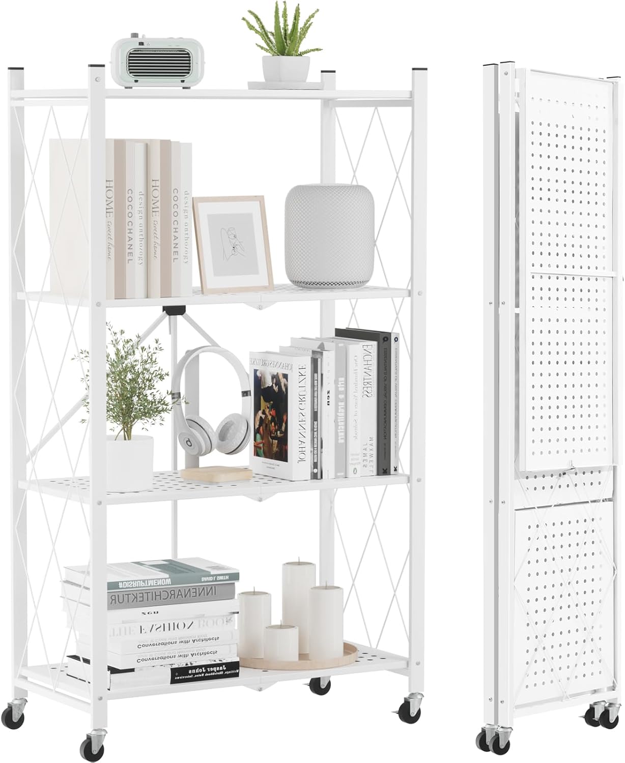 DEANIC 4-Tier Foldable Storage Shelves with Wheels — No Assembly Opens in 5 Seconds