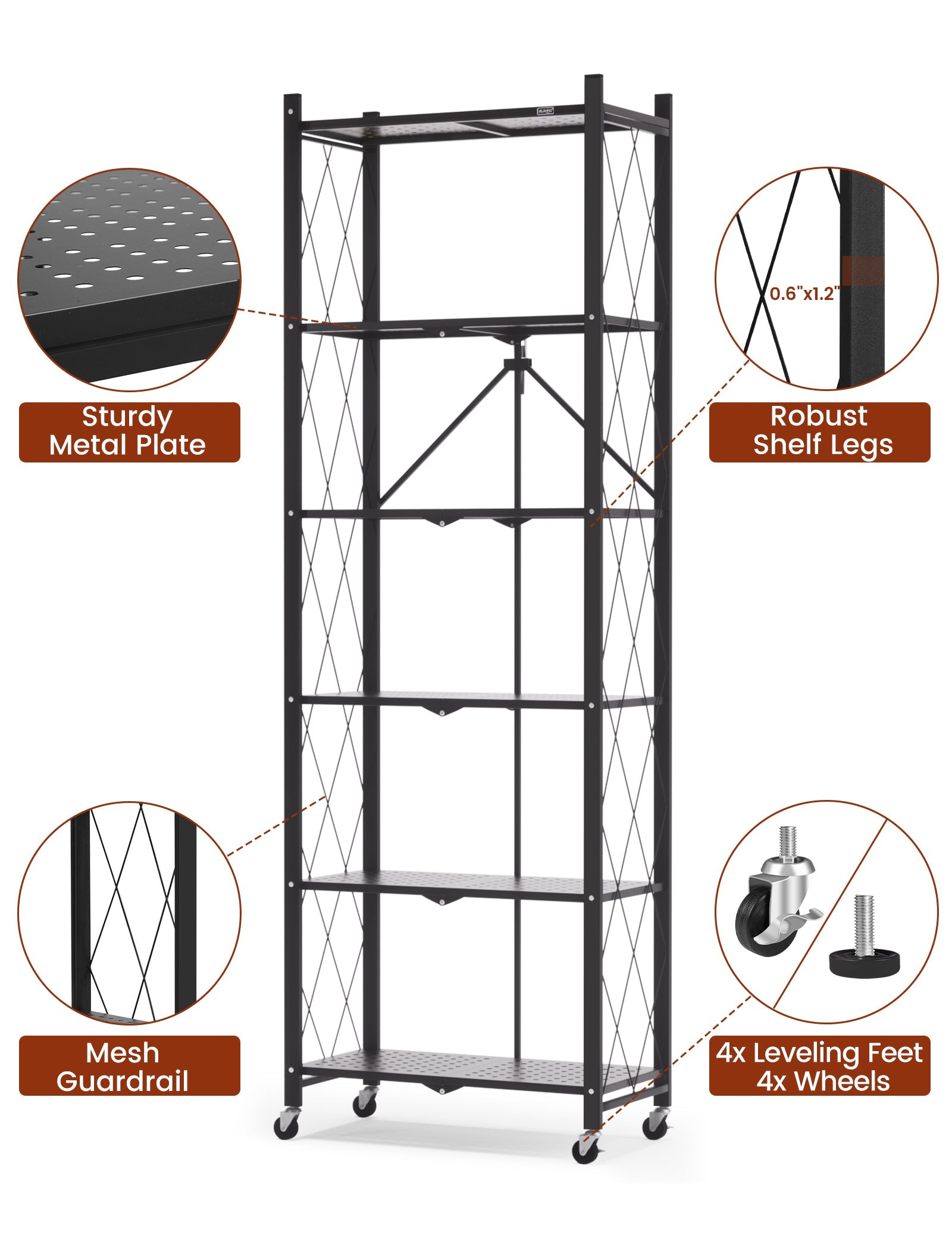 DEANIC 6-Tier Slim Folding Bookshelf on Wheels — 73.6" Tall, No Assembly