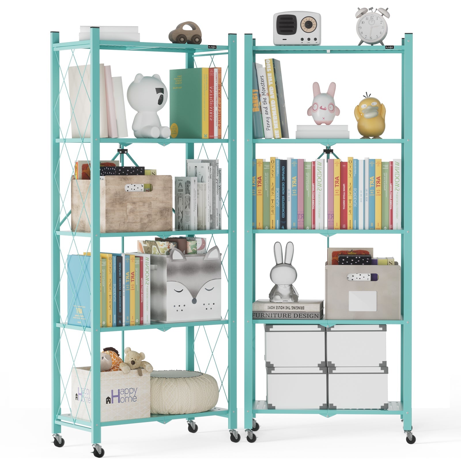DEANIC 5-Tier Folding Kids Bookshelf, 2-Pack — 46" Rolling Shelves