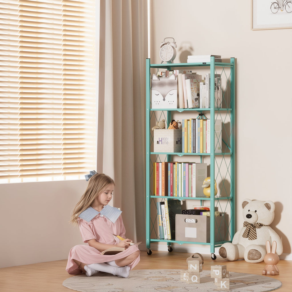 DEANIC 5-Tier Folding Kids Bookshelf, 2-Pack — 46" Rolling Shelves