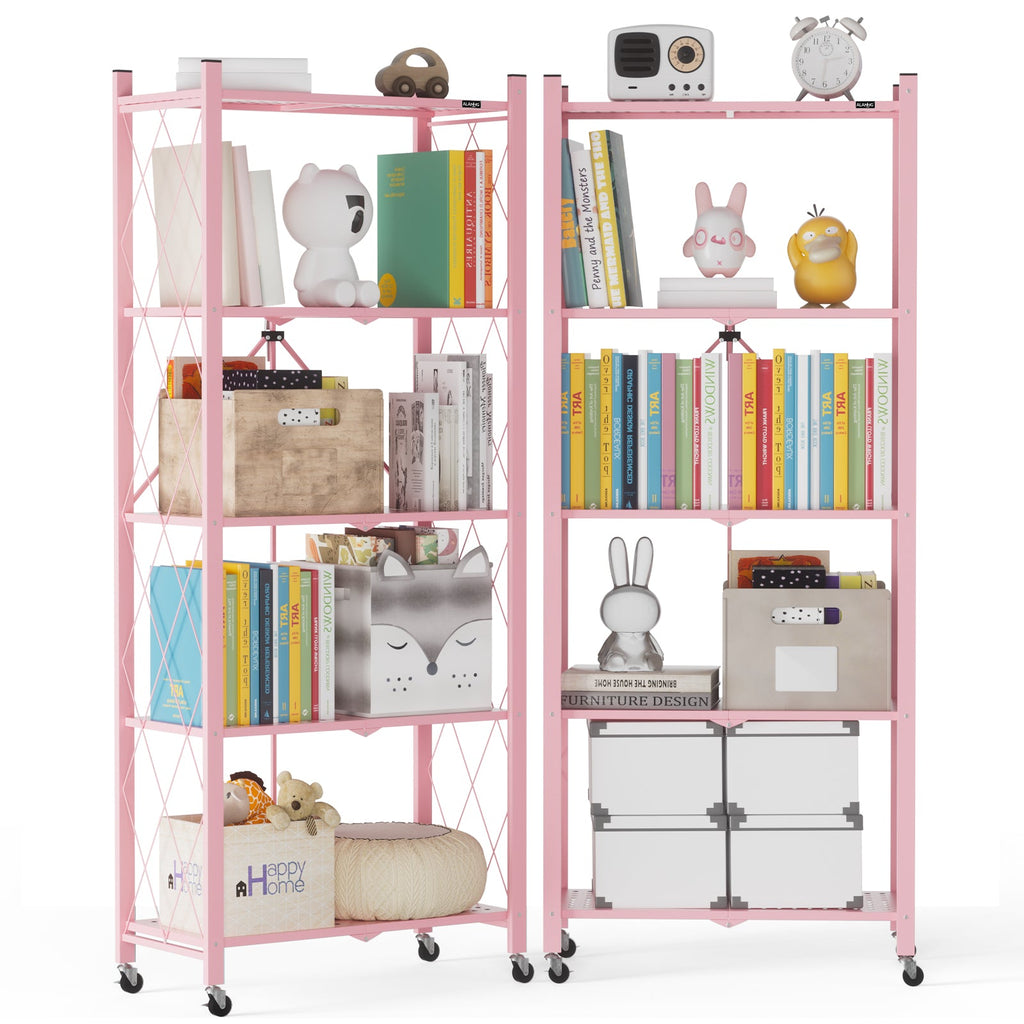 DEANIC 5-Tier Folding Kids Bookshelf, 2-Pack — 46" Rolling Shelves