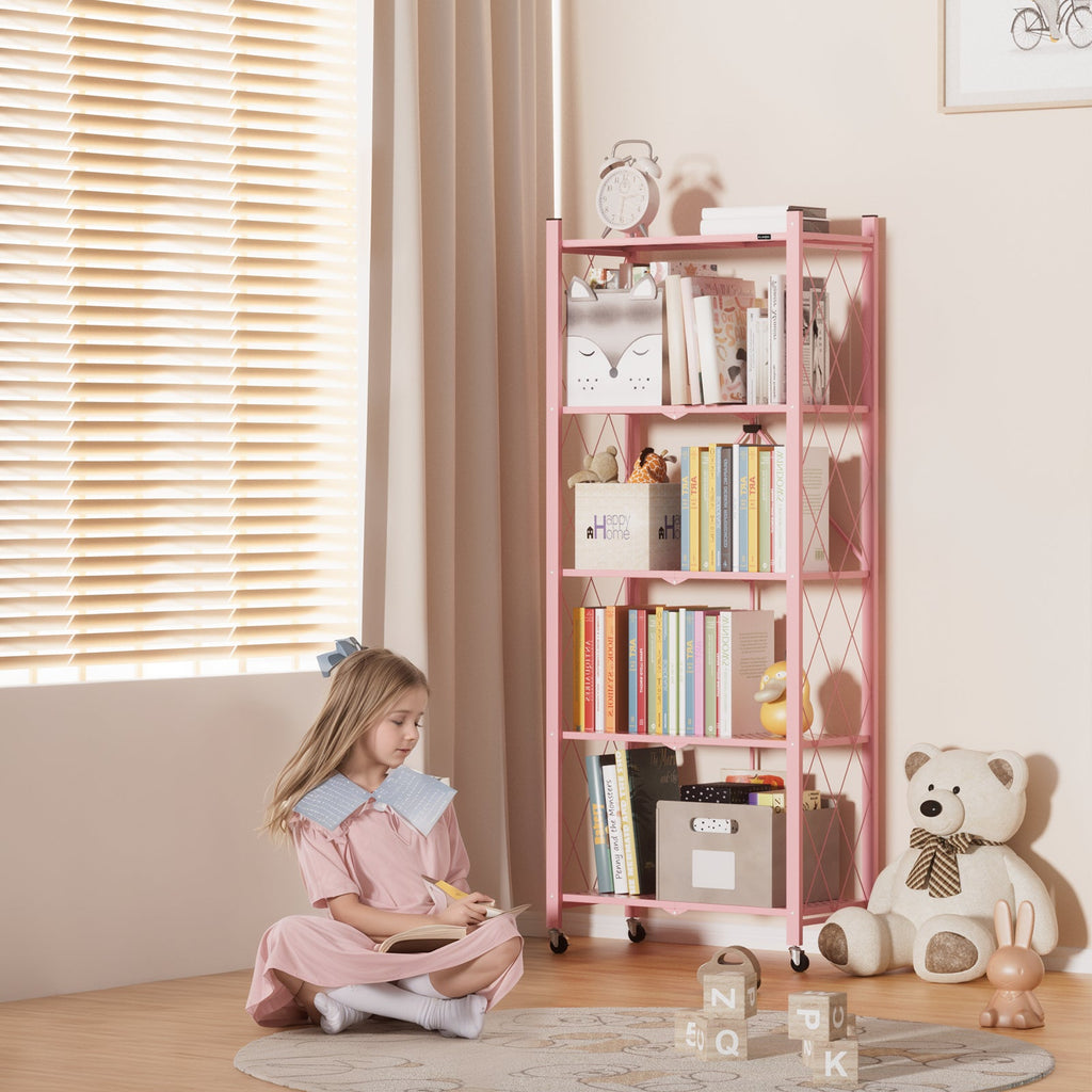 DEANIC 5-Tier Folding Kids Bookshelf, 2-Pack — 46" Rolling Shelves