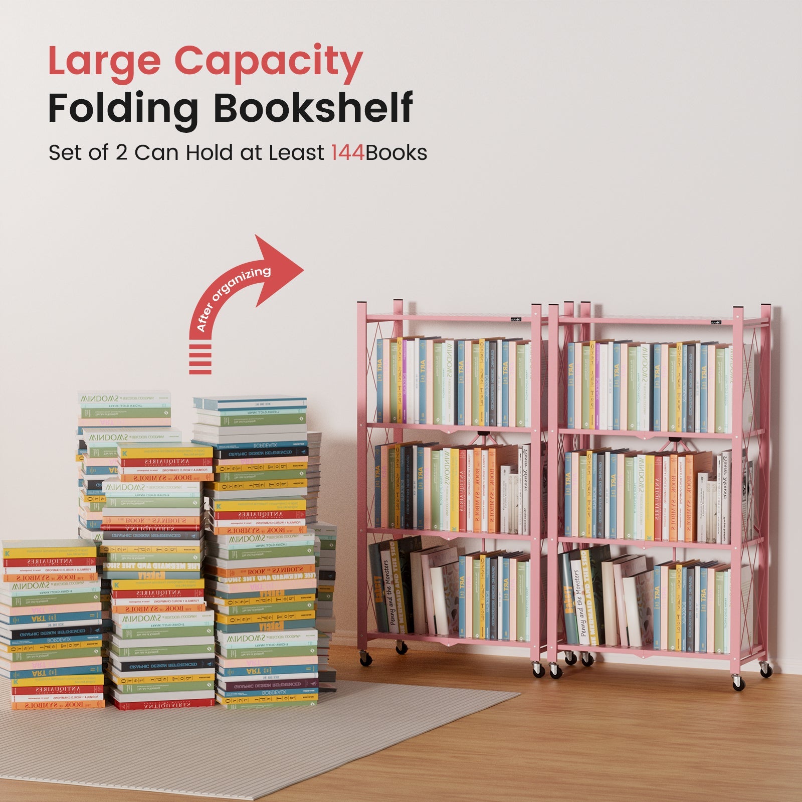 DEANIC 4-Tier Folding Kids Bookshelf, 2-Pack — 46" Rolling Shelves