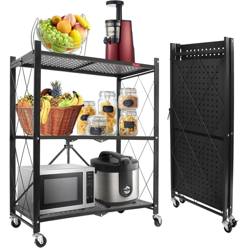 DEANIC 3-Tier Foldable Storage Shelves with Wheels — Kitchen Appliance Stand & Rolling Cart