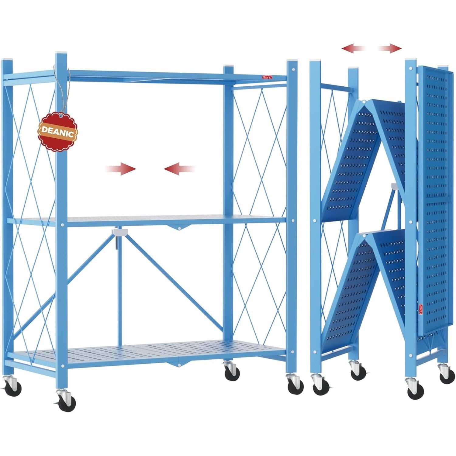 DEANIC 3-Tier Foldable Storage Shelves with Wheels — Kitchen Appliance Stand & Rolling Cart