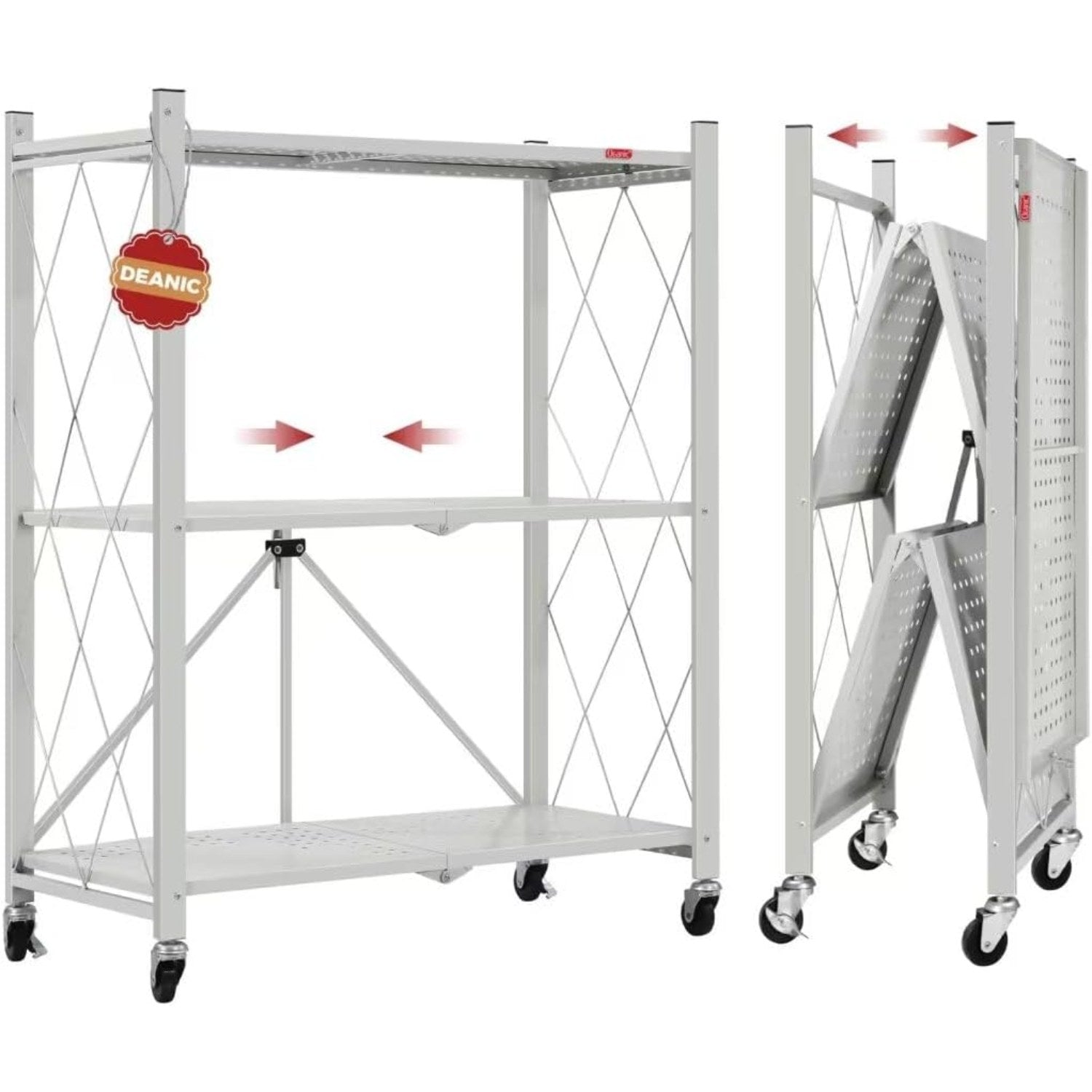 DEANIC 3-Tier Foldable Storage Shelves with Wheels — Kitchen Appliance Stand & Rolling Cart