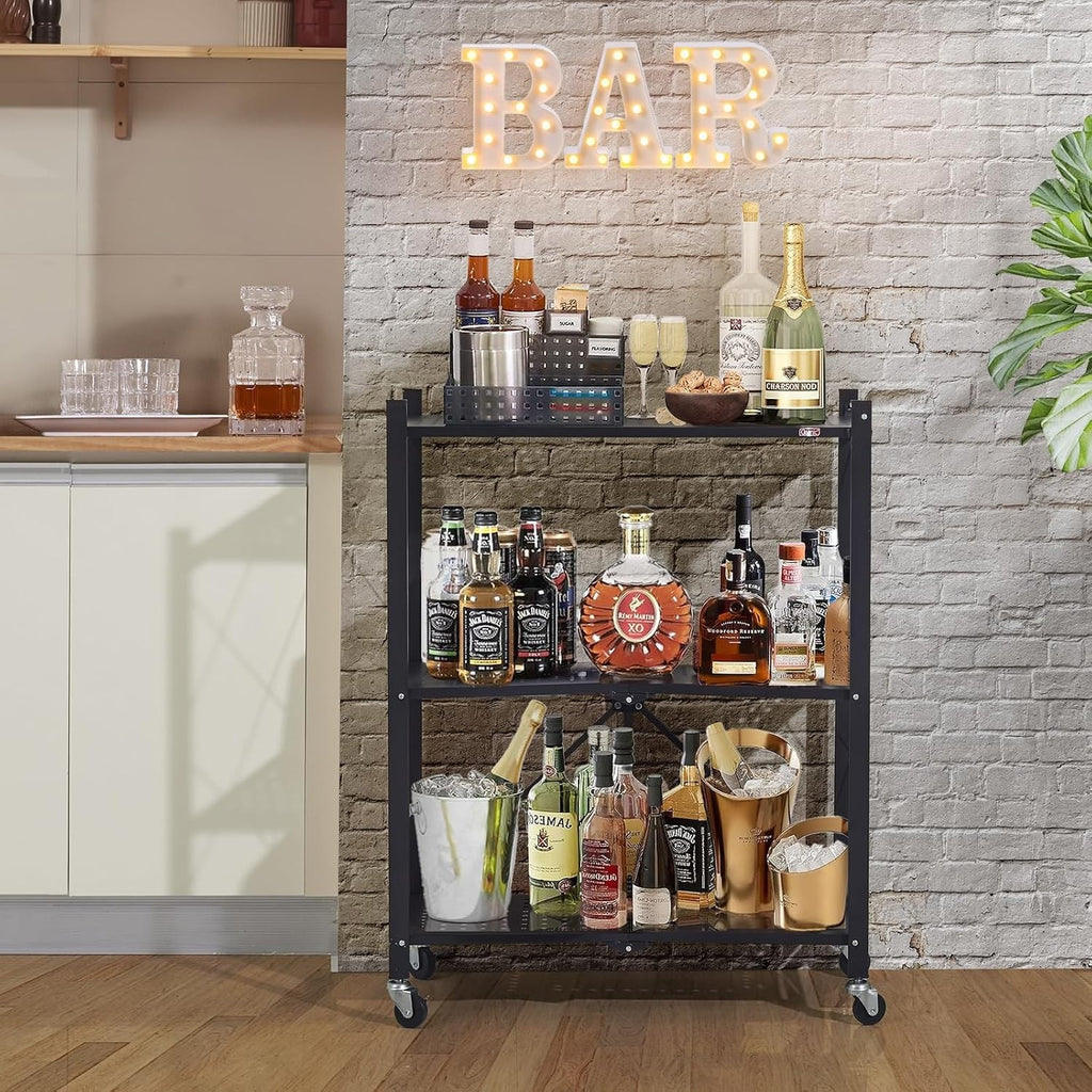 DEANIC 3-Tier Foldable Storage Shelves with Wheels — Kitchen Appliance Stand & Rolling Cart