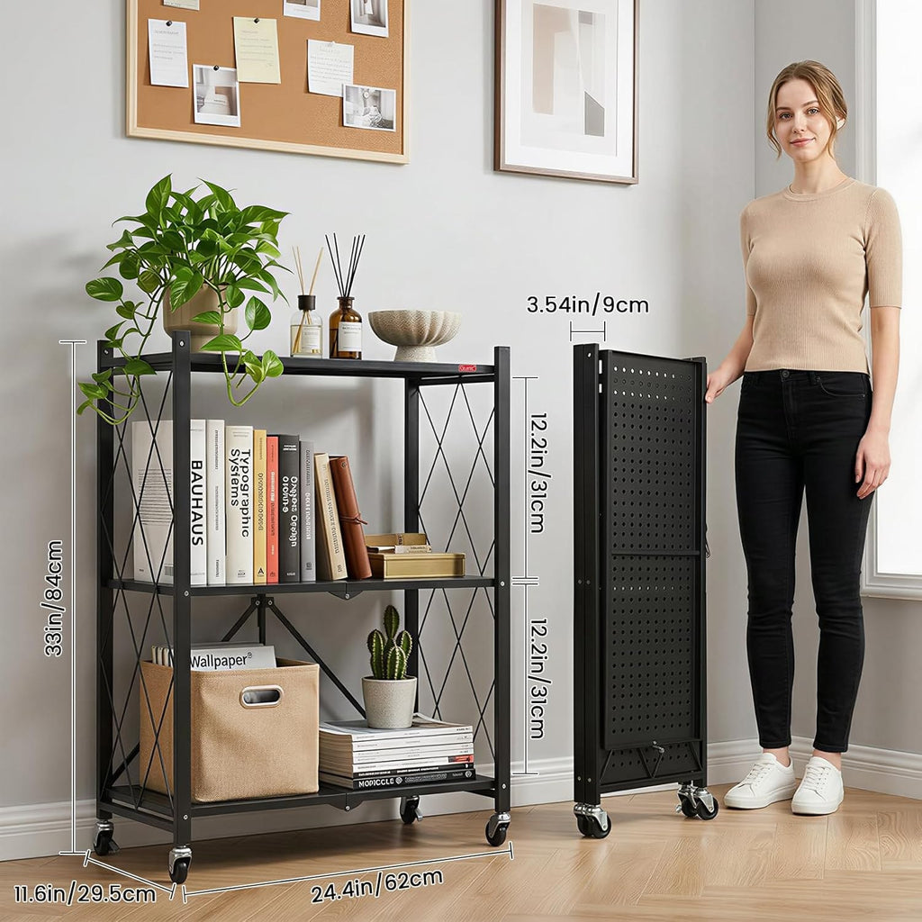 DEANIC 3-Tier Foldable Storage Shelves with Wheels — Kitchen Appliance Stand & Rolling Cart