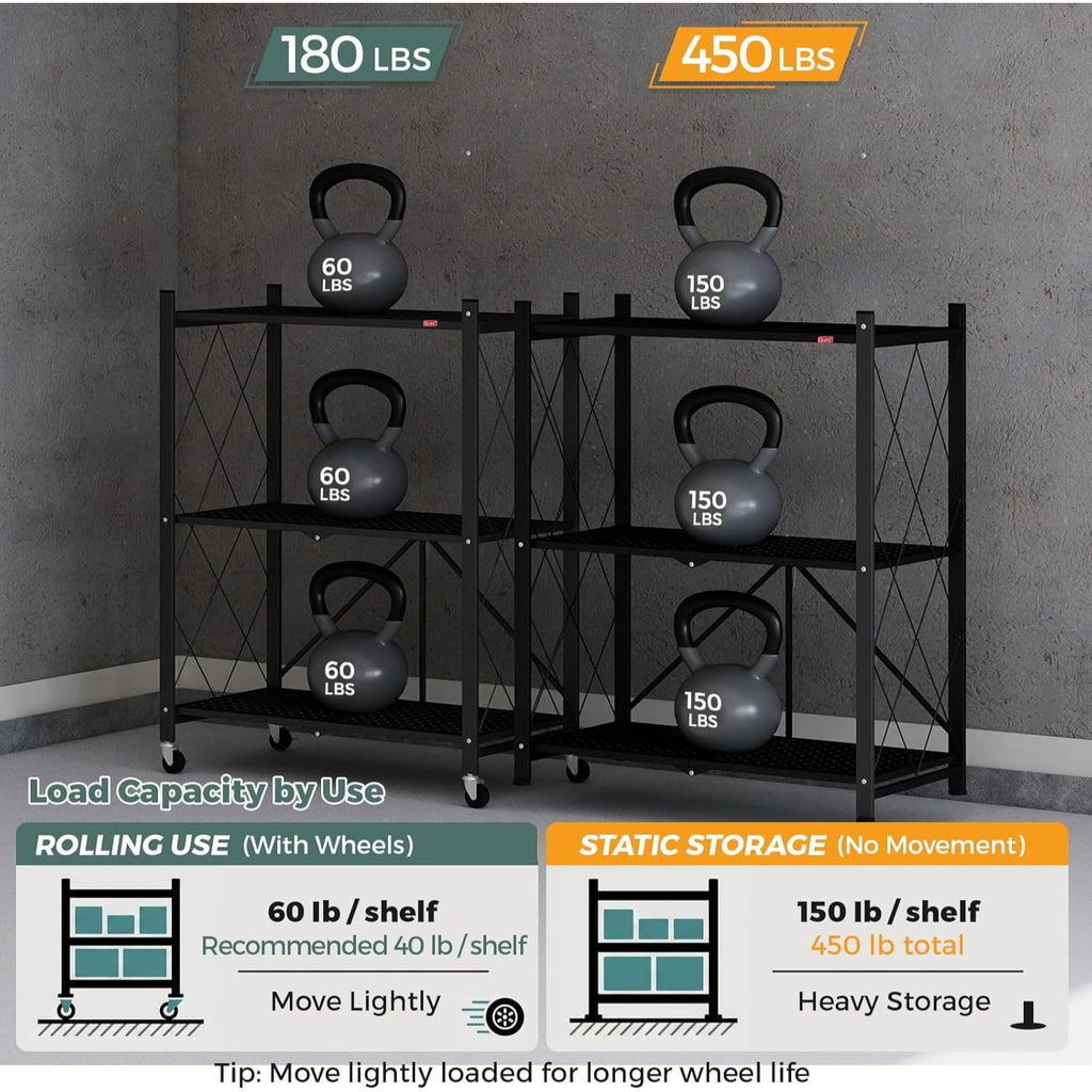DEANIC 3-Tier Foldable Storage Shelves with Wheels — Kitchen Appliance Stand & Rolling Cart