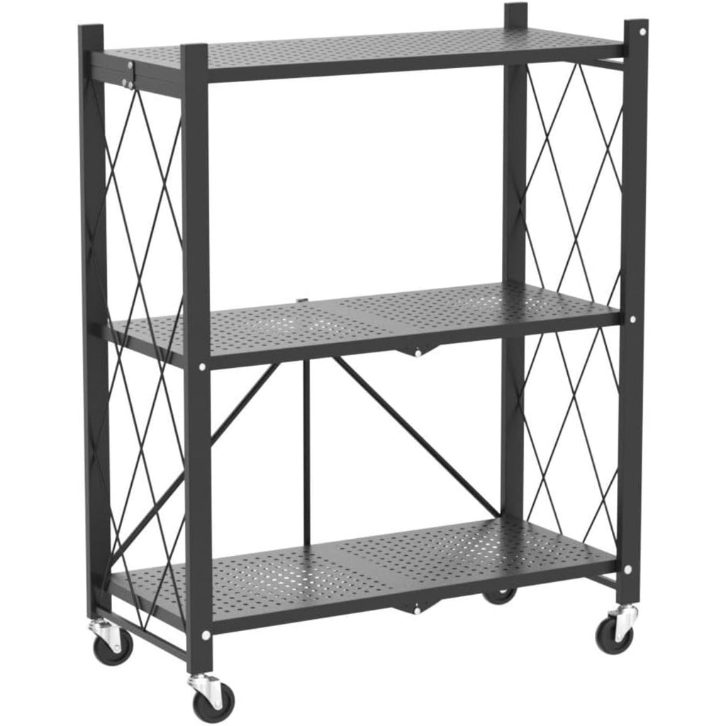DEANIC 3-Tier Foldable Storage Shelves with Wheels — Kitchen Appliance Stand & Rolling Cart