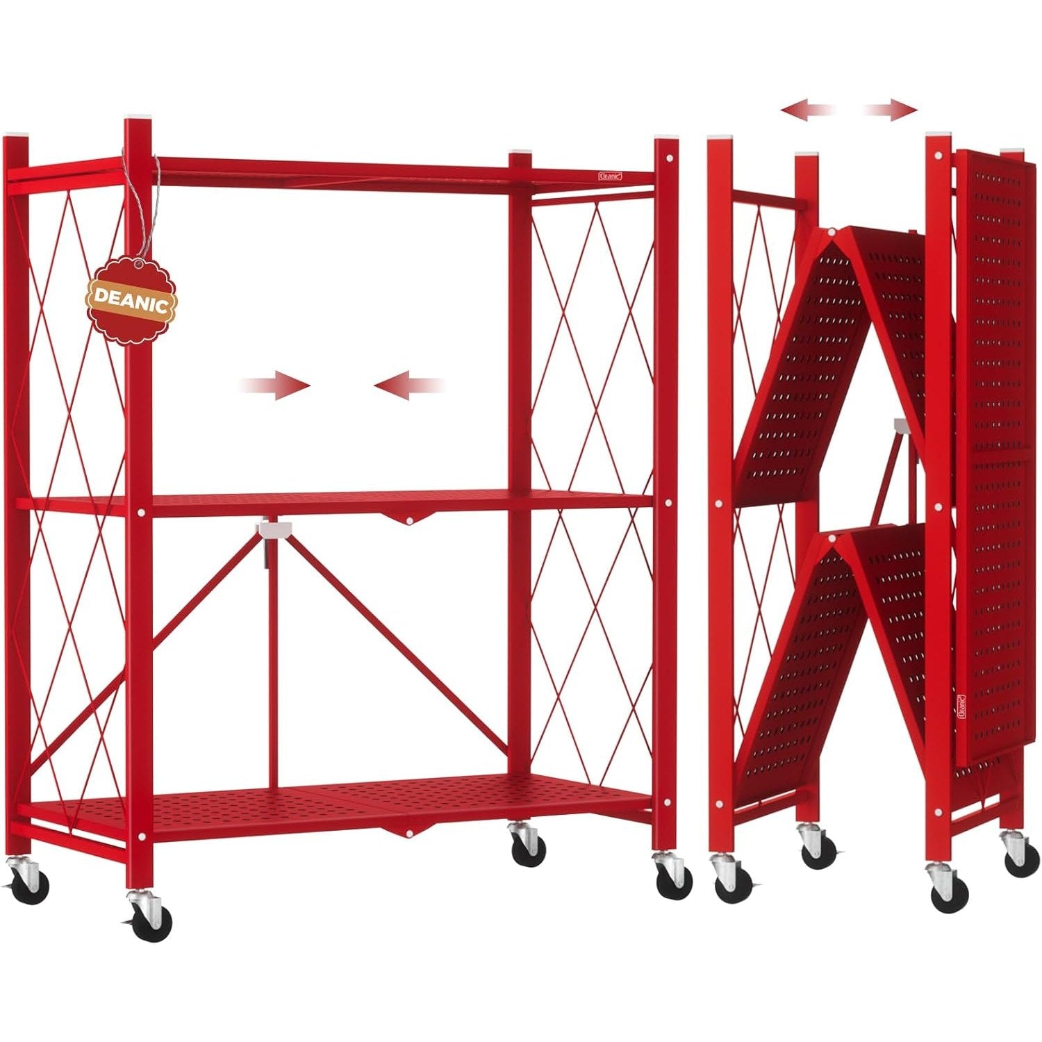 DEANIC 3-Tier Foldable Storage Shelves with Wheels — Kitchen Appliance Stand & Rolling Cart