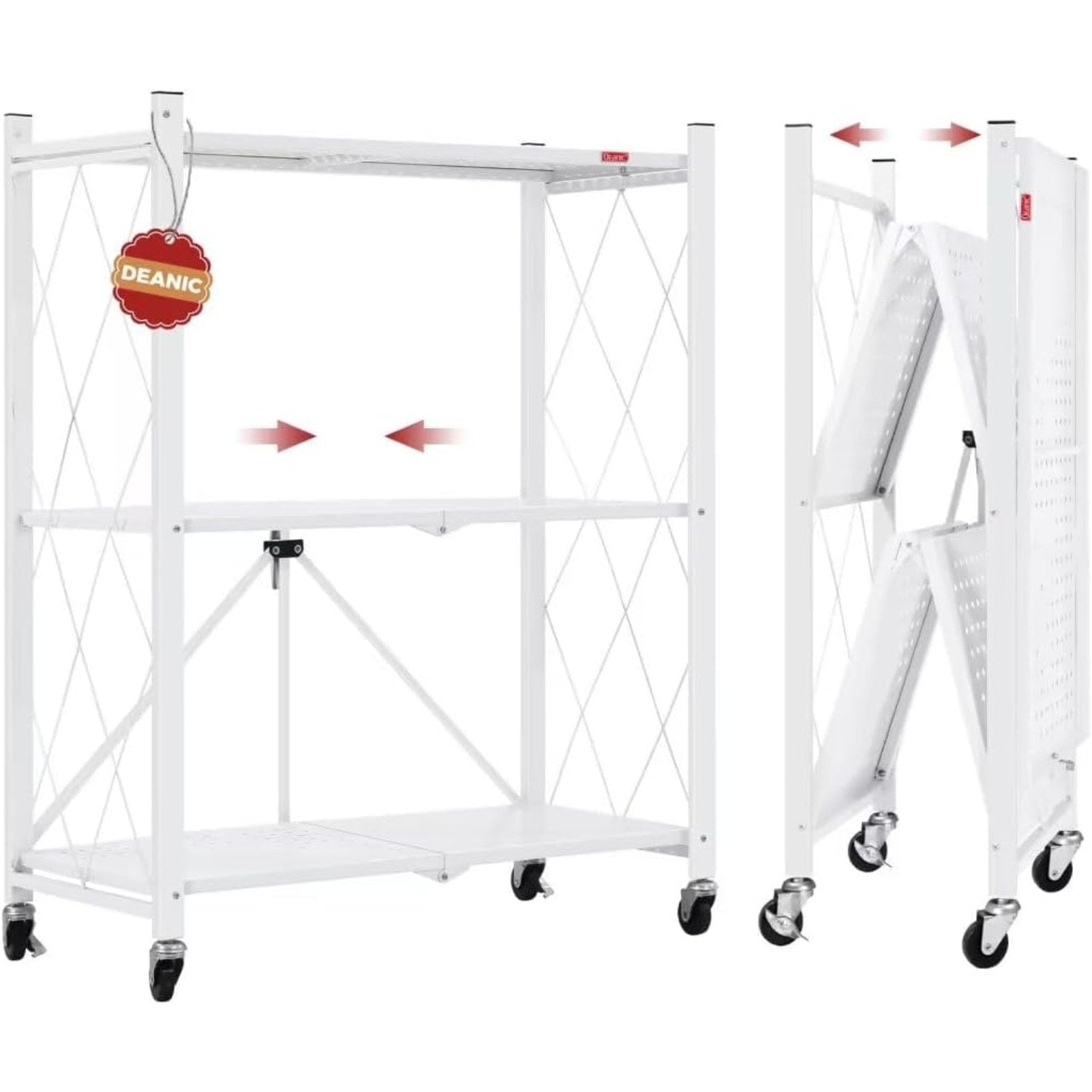 DEANIC 3-Tier Foldable Storage Shelves with Wheels — Kitchen Appliance Stand & Rolling Cart