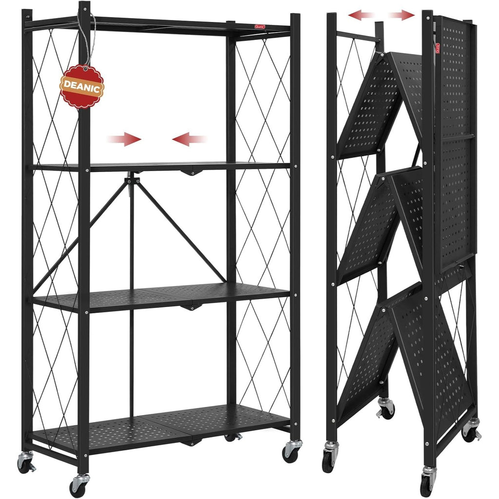 DEANIC 4-Tier Foldable Storage Shelves with Wheels — No Assembly Opens in 5 Seconds