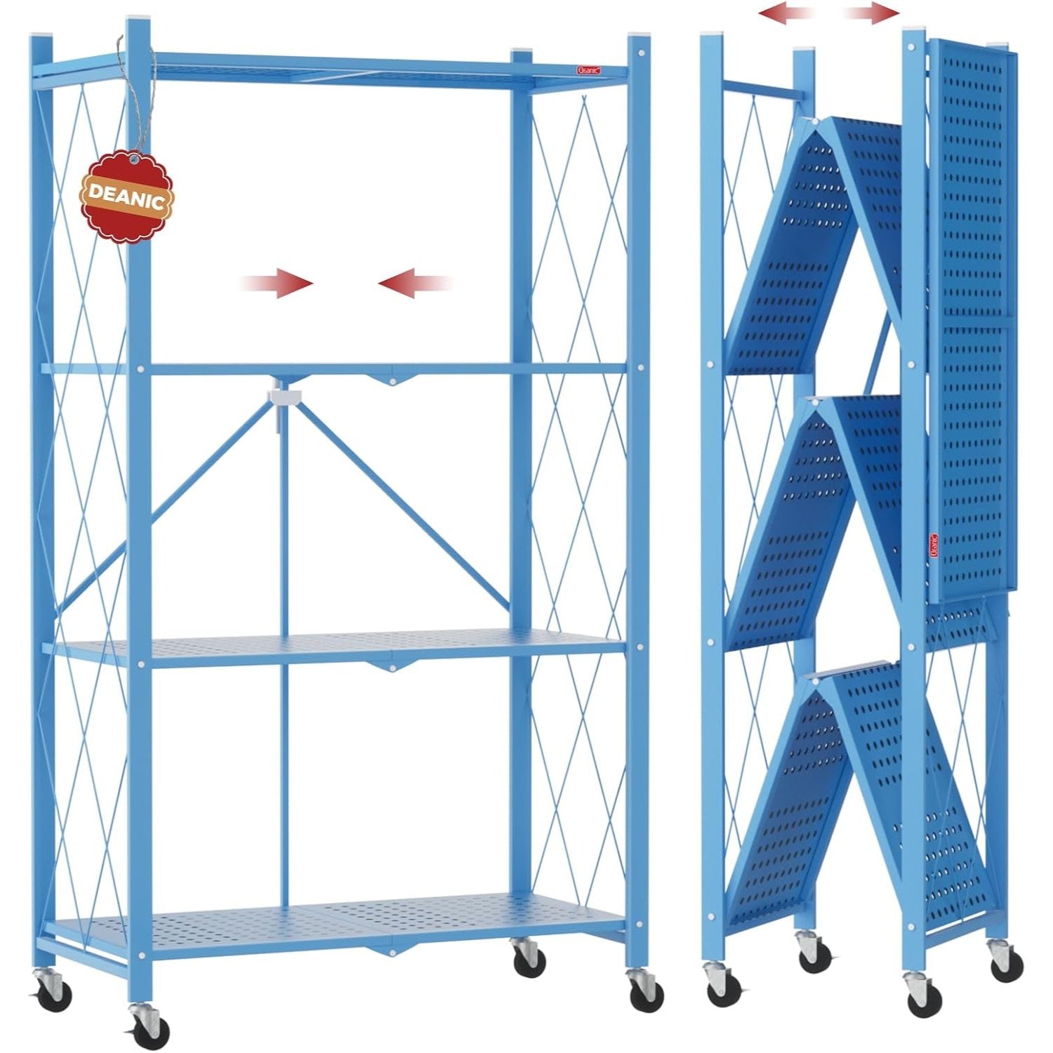 DEANIC 4-Tier Foldable Storage Shelves with Wheels — No Assembly Opens in 5 Seconds