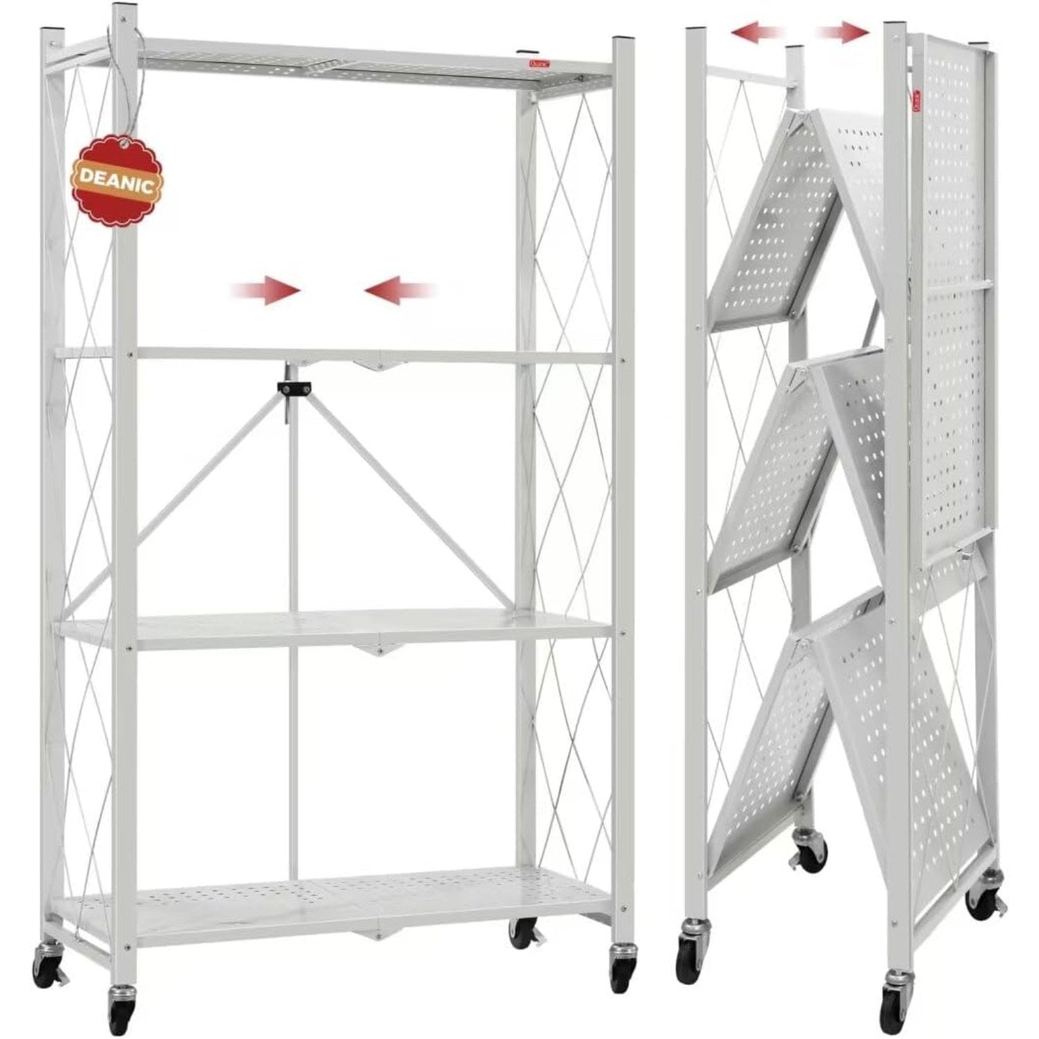 DEANIC 4-Tier Foldable Storage Shelves with Wheels — No Assembly Opens in 5 Seconds