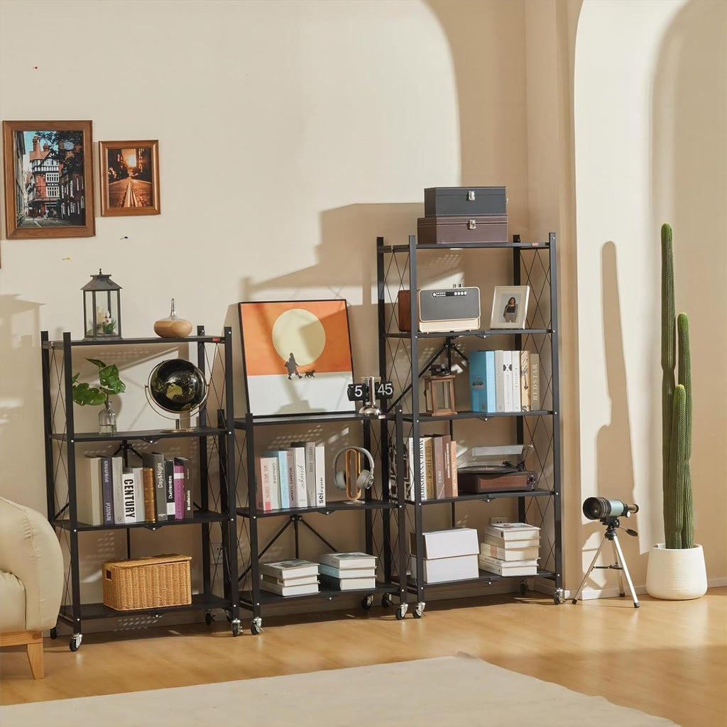 DEANIC 4-Tier Foldable Storage Shelves with Wheels — No Assembly Opens in 5 Seconds