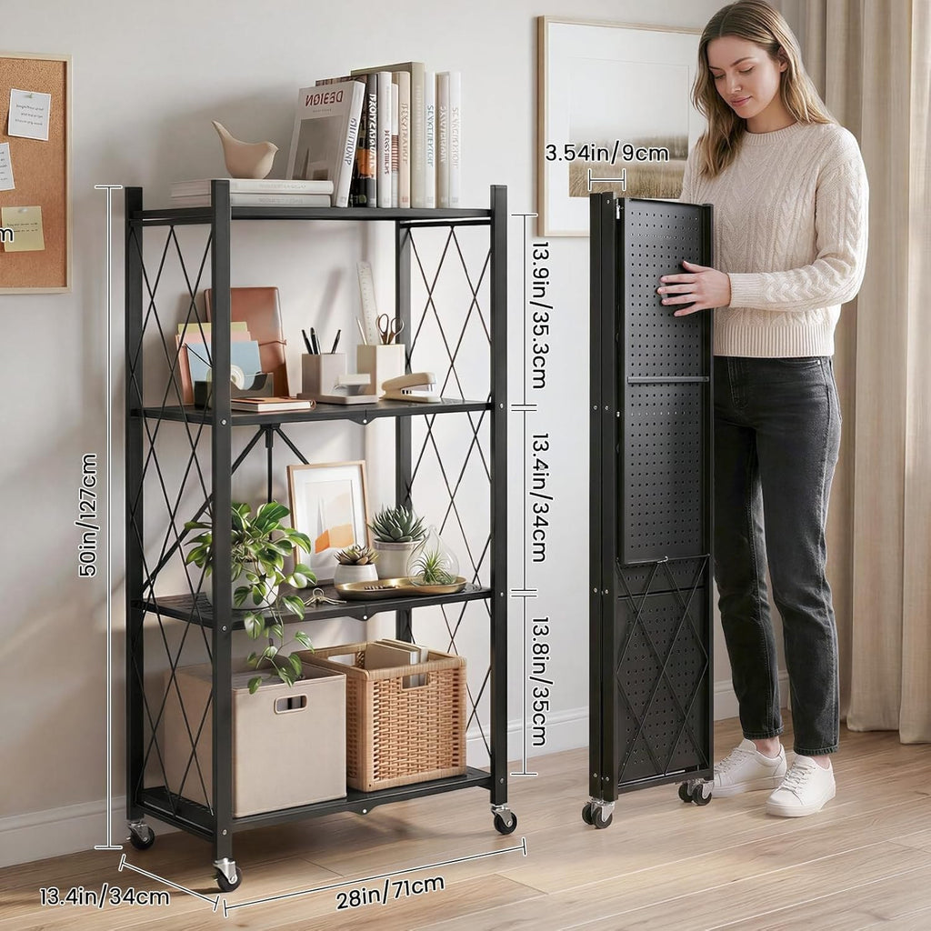 DEANIC 4-Tier Foldable Storage Shelves with Wheels — No Assembly Opens in 5 Seconds