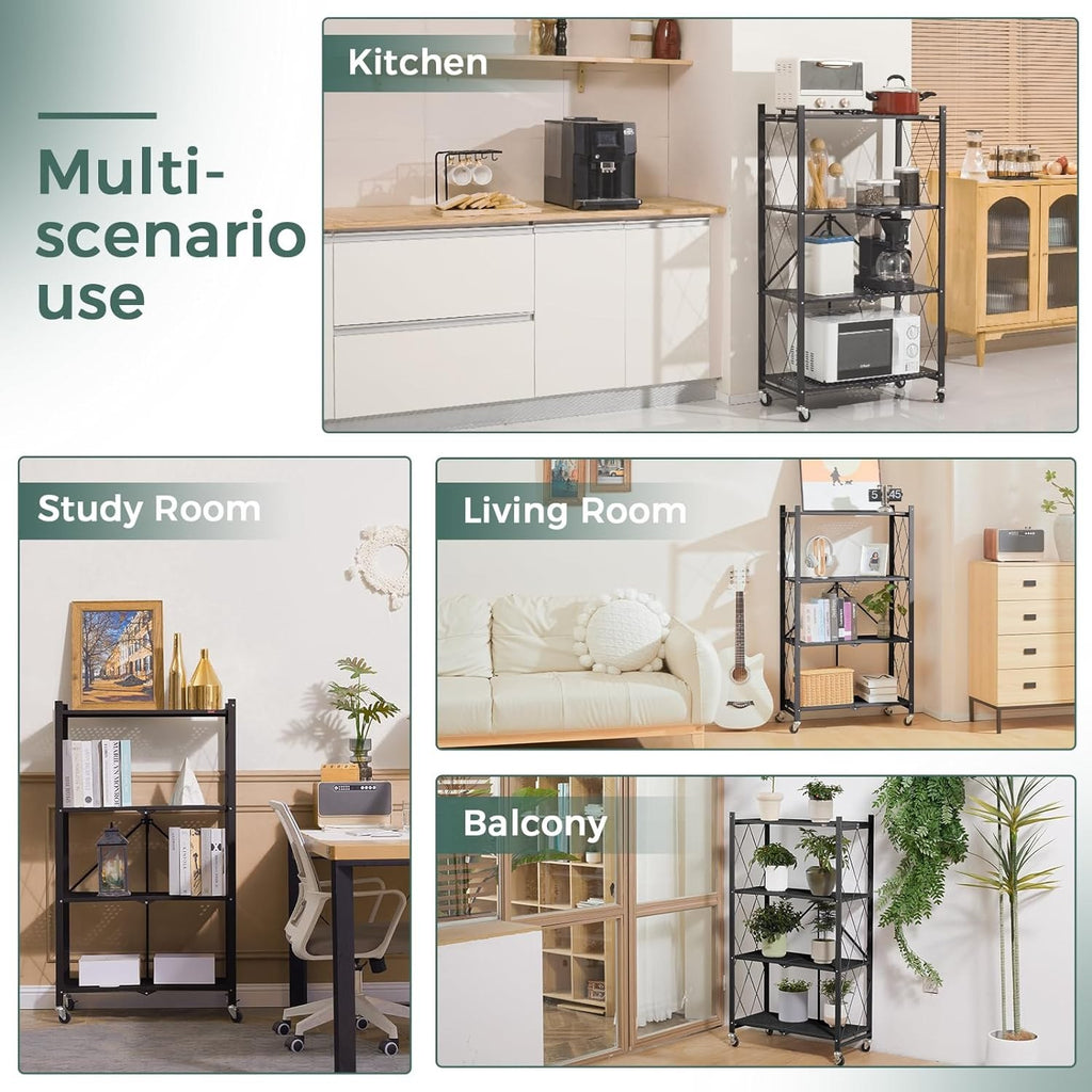 DEANIC 4-Tier Foldable Storage Shelves with Wheels — No Assembly Opens in 5 Seconds