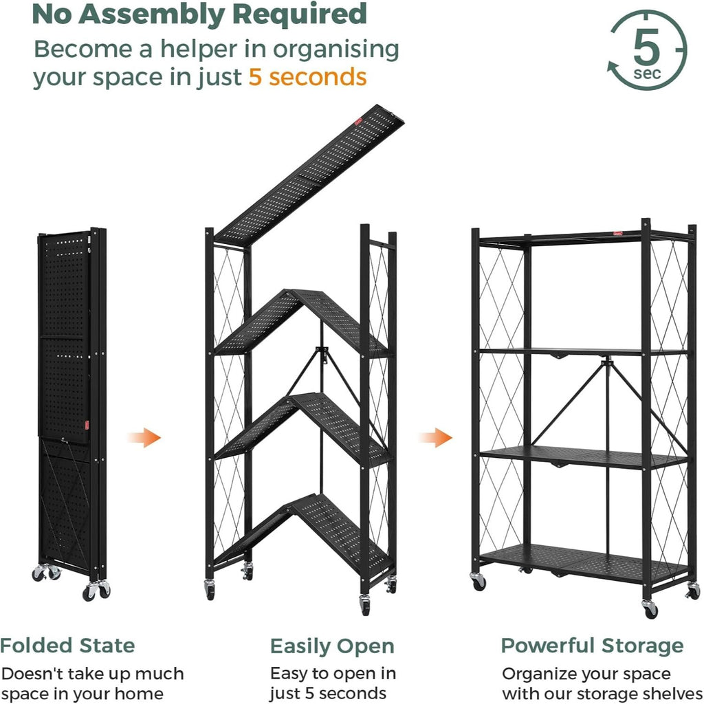 DEANIC 4-Tier Foldable Storage Shelves with Wheels — No Assembly Opens in 5 Seconds