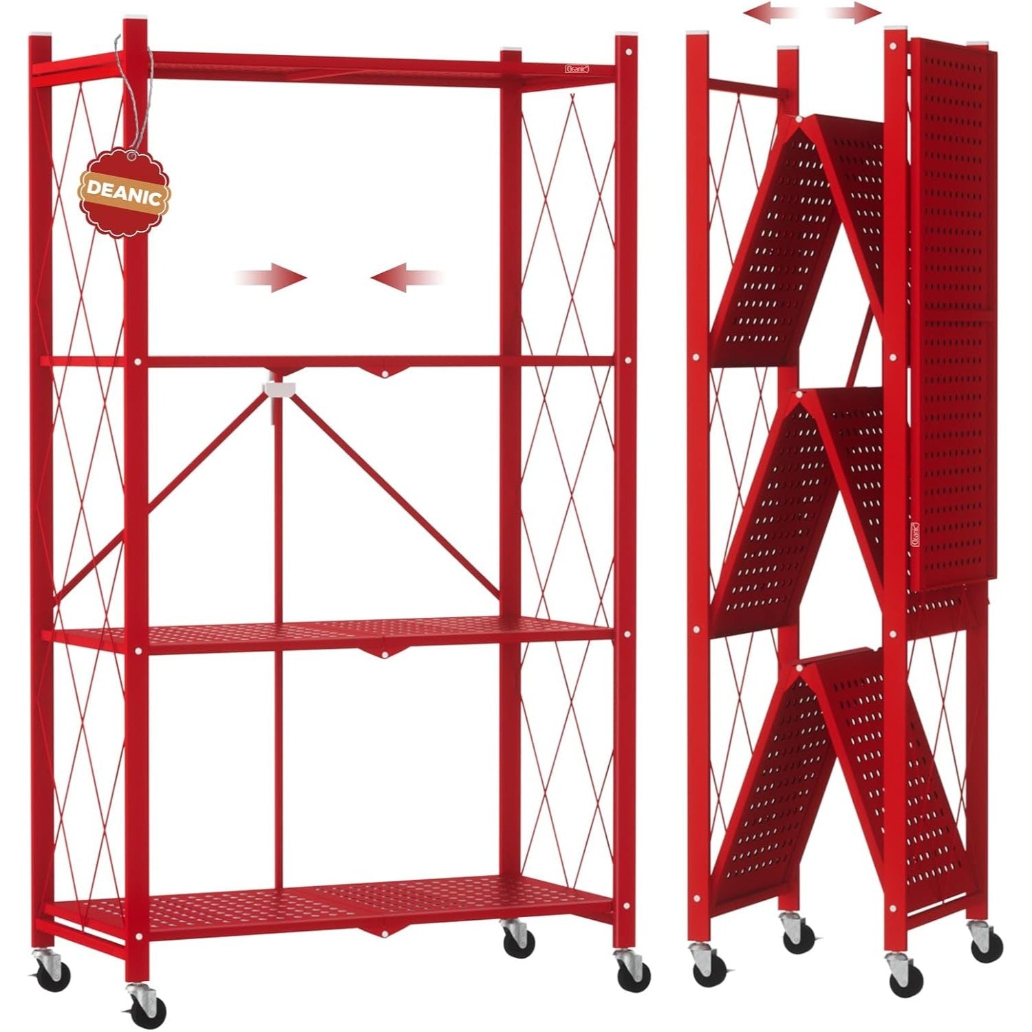 DEANIC 4-Tier Foldable Storage Shelves with Wheels — No Assembly Opens in 5 Seconds
