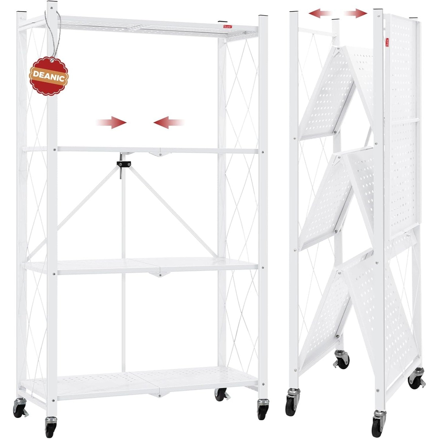 DEANIC 4-Tier Foldable Storage Shelves with Wheels — No Assembly Opens in 5 Seconds