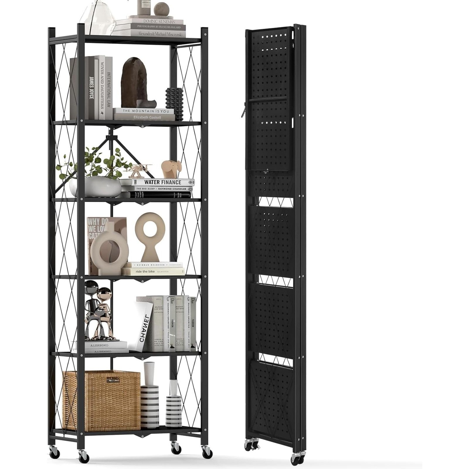 DEANIC 6-Tier Slim Folding Bookshelf on Wheels — 73.6" Tall, No Assembly