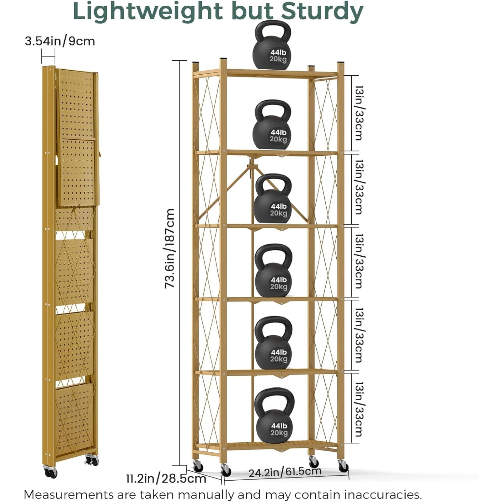 DEANIC 6-Tier Slim Folding Bookshelf on Wheels — 73.6" Tall, No Assembly