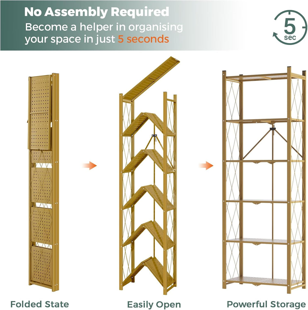 DEANIC 6-Tier Slim Folding Bookshelf on Wheels — 73.6" Tall, No Assembly