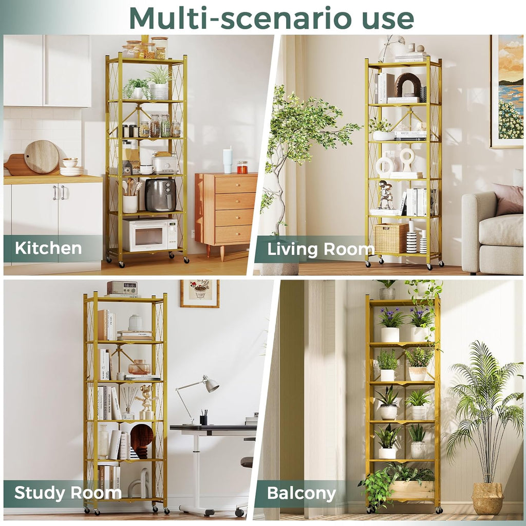 DEANIC 6-Tier Slim Folding Bookshelf on Wheels — 73.6" Tall, No Assembly