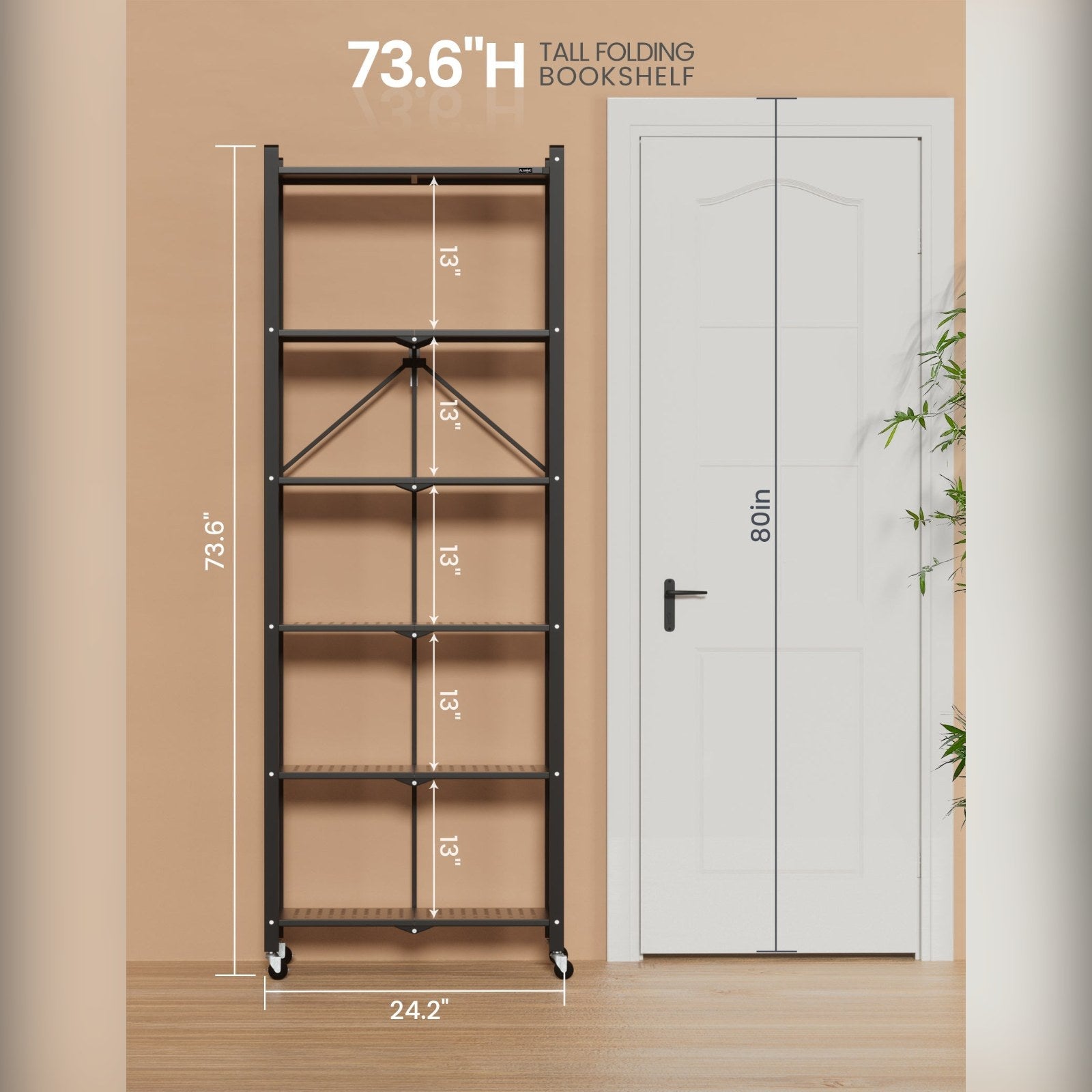 DEANIC 6-Tier Slim Folding Bookshelf on Wheels — 73.6" Tall, No Assembly