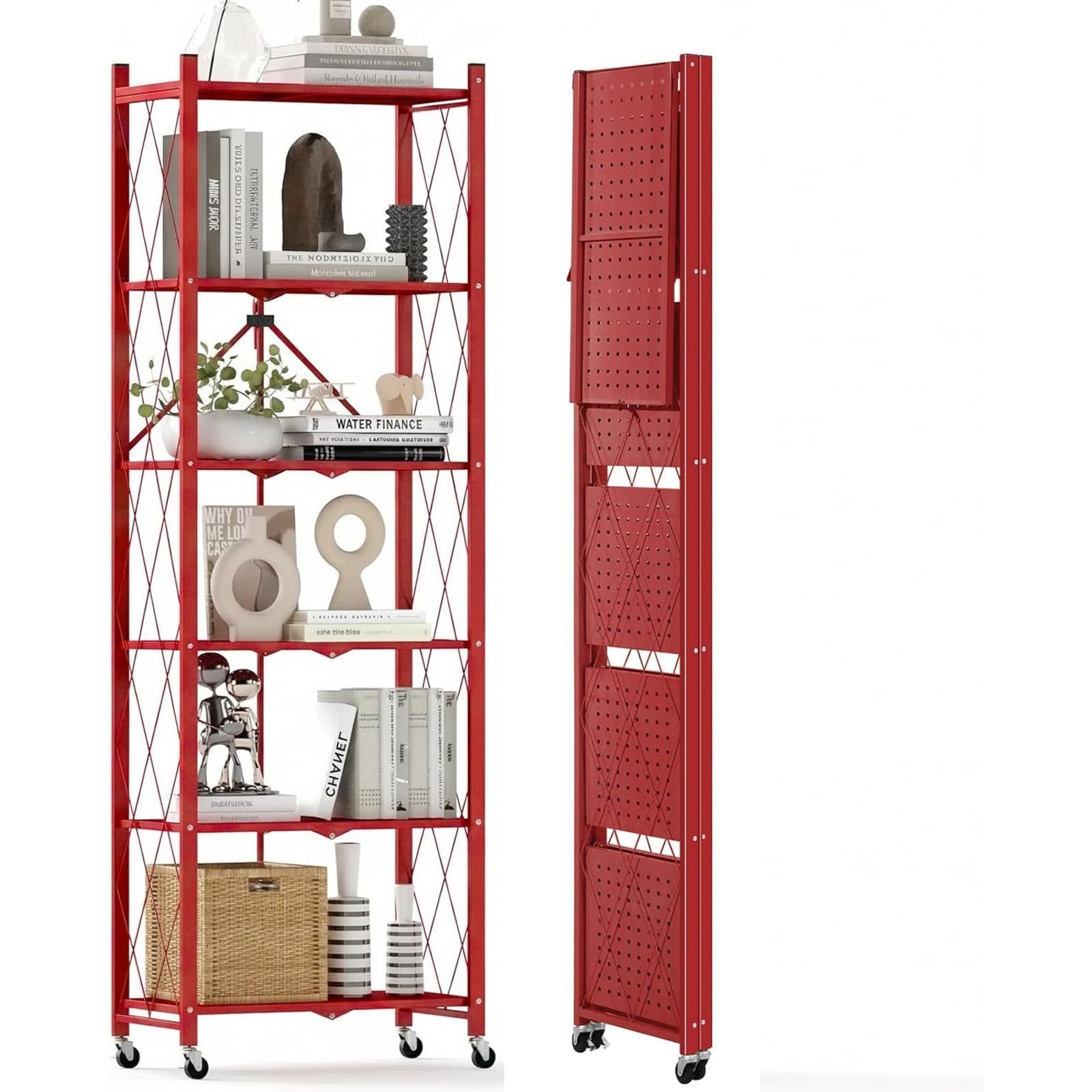 DEANIC 6-Tier Slim Folding Bookshelf on Wheels — 73.6" Tall, No Assembly