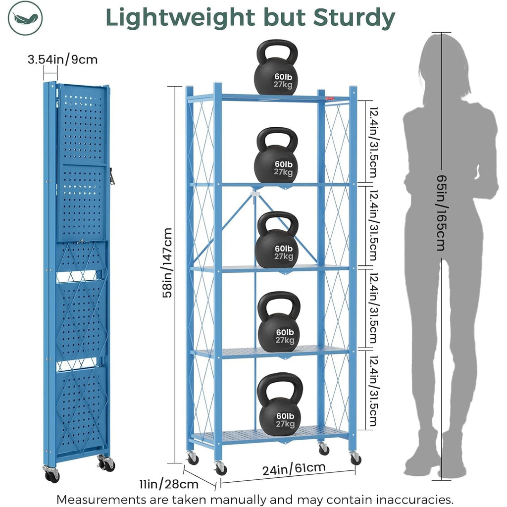 DEANIC 5-Shelf Folding Bookcase with Wheels — Freestanding Metal Shelving Unit