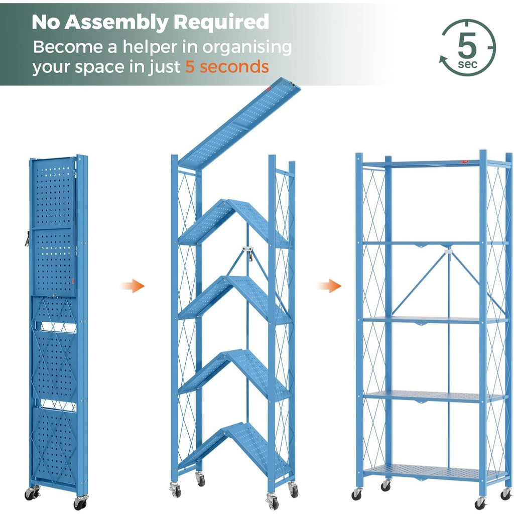 DEANIC 5-Shelf Folding Bookcase with Wheels — Freestanding Metal Shelving Unit