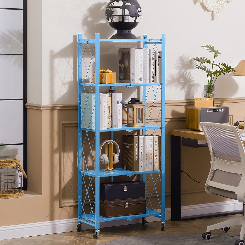DEANIC 5-Shelf Folding Bookcase with Wheels — Freestanding Metal Shelving Unit