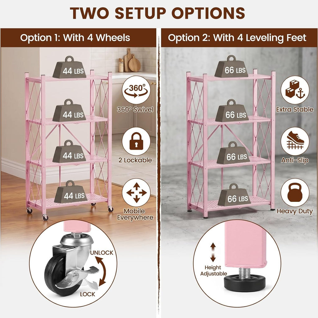DEANIC 4-Tier Folding Kids Bookshelf, 2-Pack — 46" Rolling Shelves