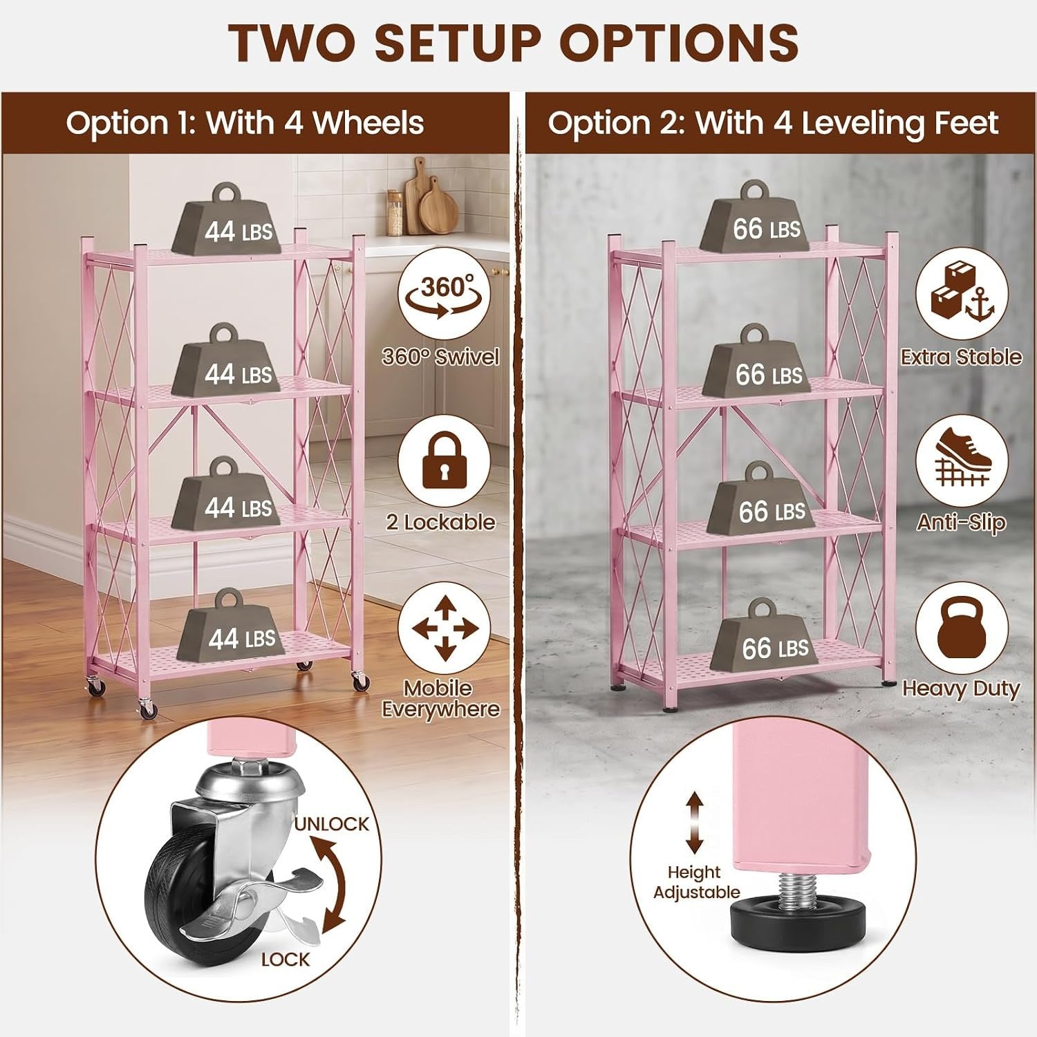 DEANIC 4-Tier Folding Kids Bookshelf, 2-Pack — 46" Rolling Shelves
