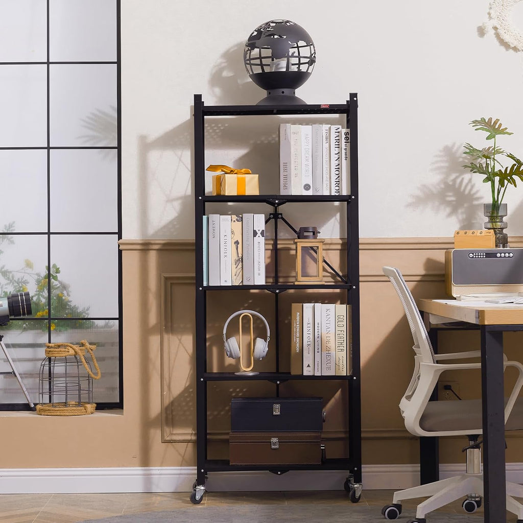 DEANIC 5-Shelf Folding Bookcase with Wheels — Freestanding Metal Shelving Unit