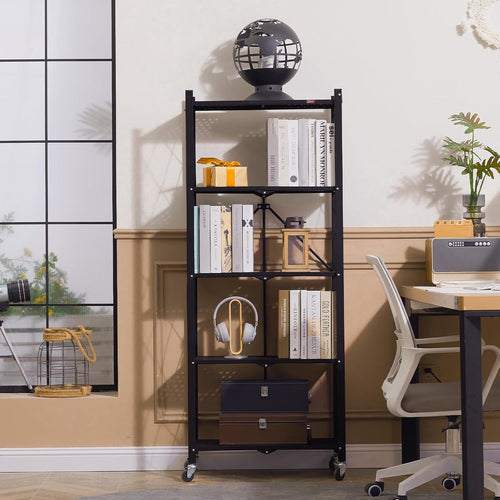 DEANIC 5-Shelf Folding Bookcase with Wheels — Freestanding Metal Shelving Unit